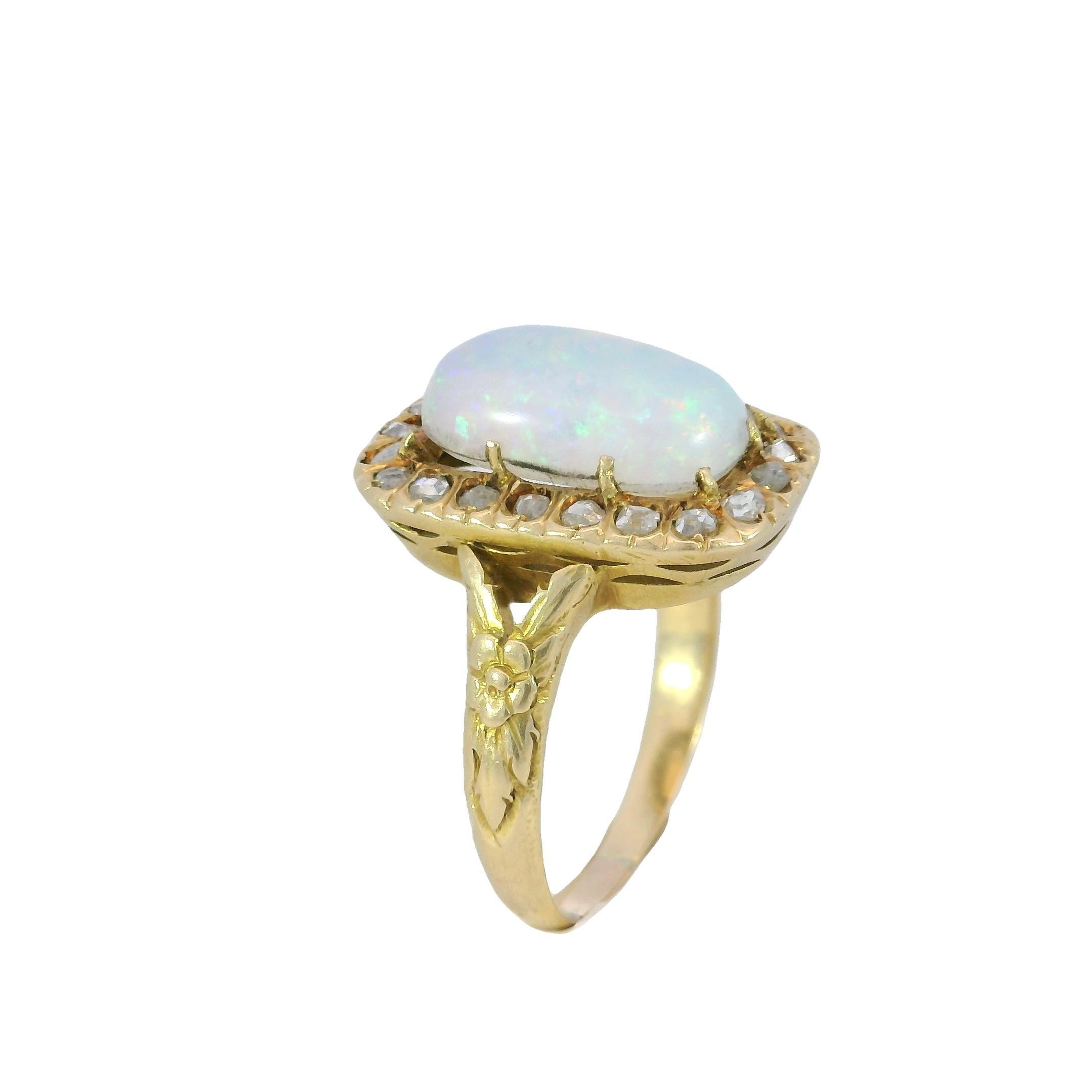 Victorian Opal Diamond Halo Cluster Ring 18K Yellow Gold ~3.82ctw For Sale 3