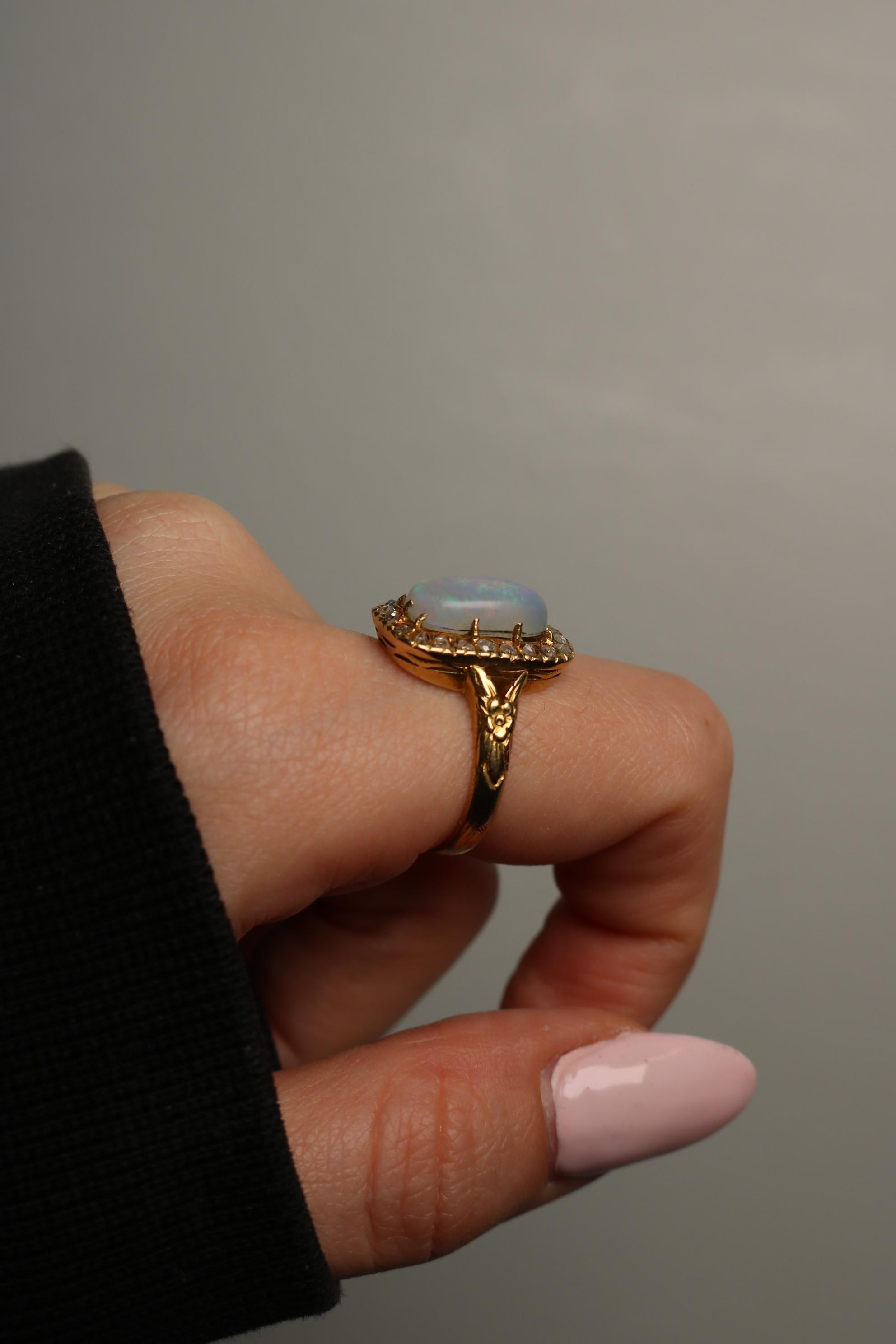 Victorian Opal Diamond Halo Cluster Ring 18K Yellow Gold ~3.82ctw For Sale 4
