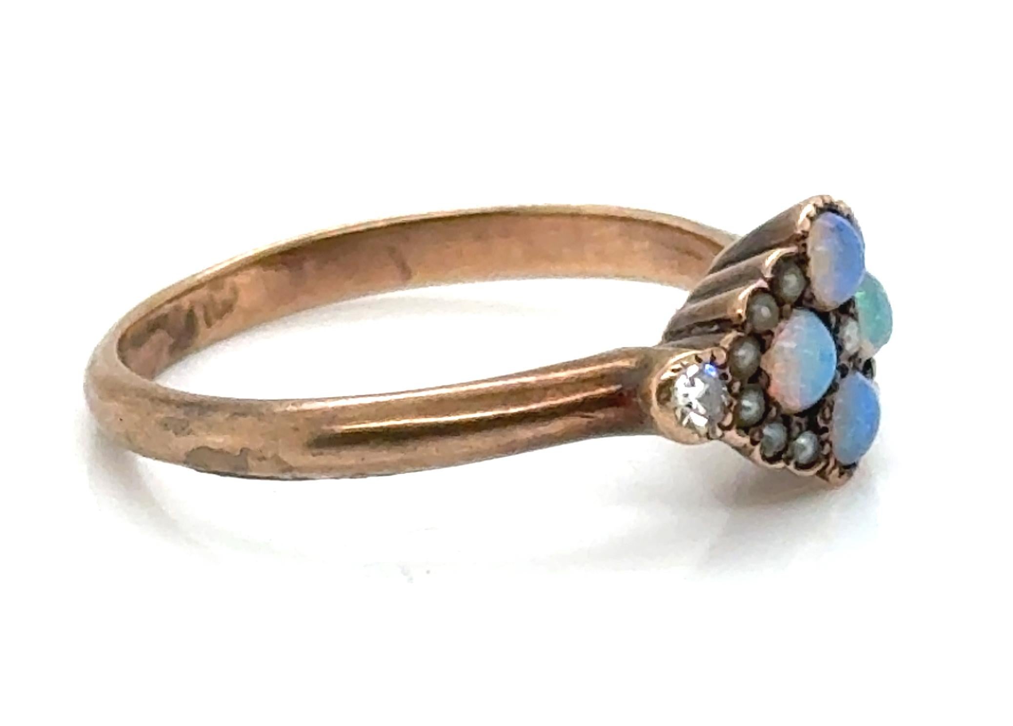 Round Cut Victorian Opal Diamond Seed Pearl Cocktail Ring Antique Original 1870's-1880's
