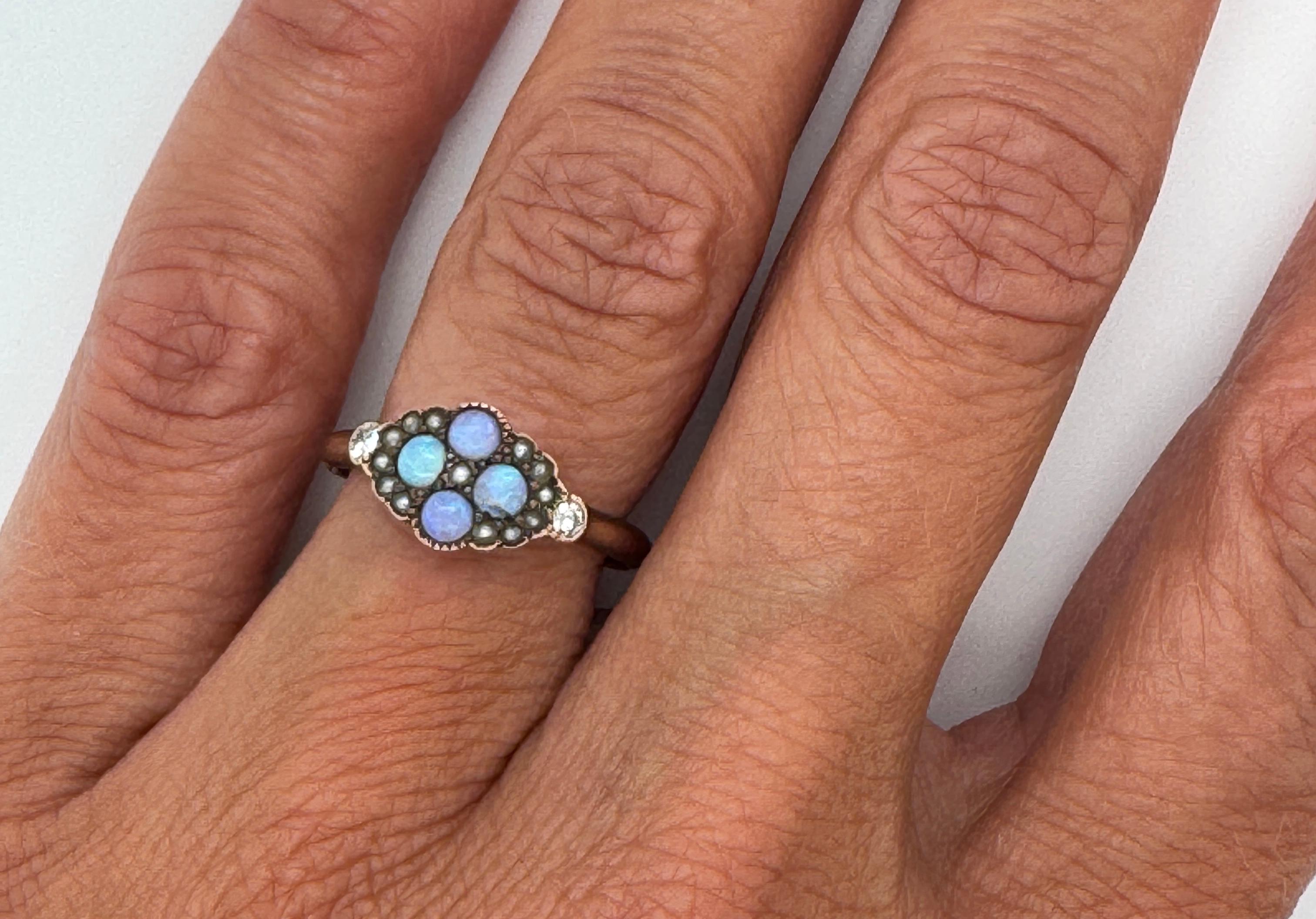 Women's Victorian Opal Diamond Seed Pearl Cocktail Ring Antique Original 1870's-1880's