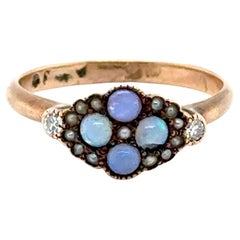 Bague cocktail d'origine victorienne en opale, diamants et perles naturelles, années 1870-1880
