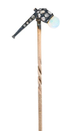 Victorian Opal Diamond Silver-Topped 14 Karat Gold Pipe Stickpin