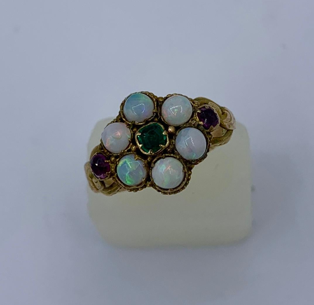 Victorian Opal Emerald Ruby Ring Antique Wedding Engagement Ring 14 Karat Gold For Sale 2