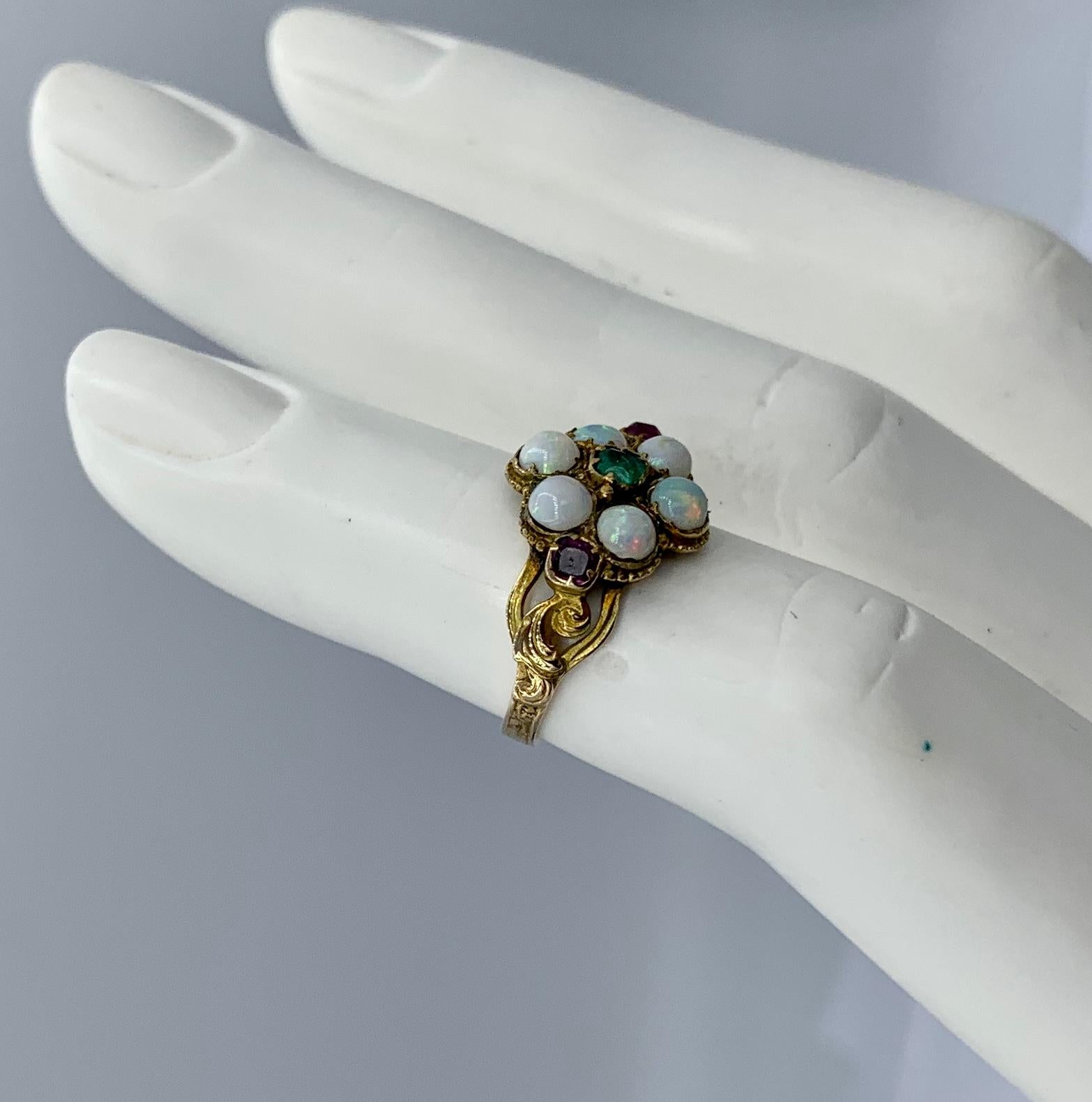 Victorian Opal Emerald Ruby Ring Antique Wedding Engagement Ring 14 Karat Gold For Sale 3