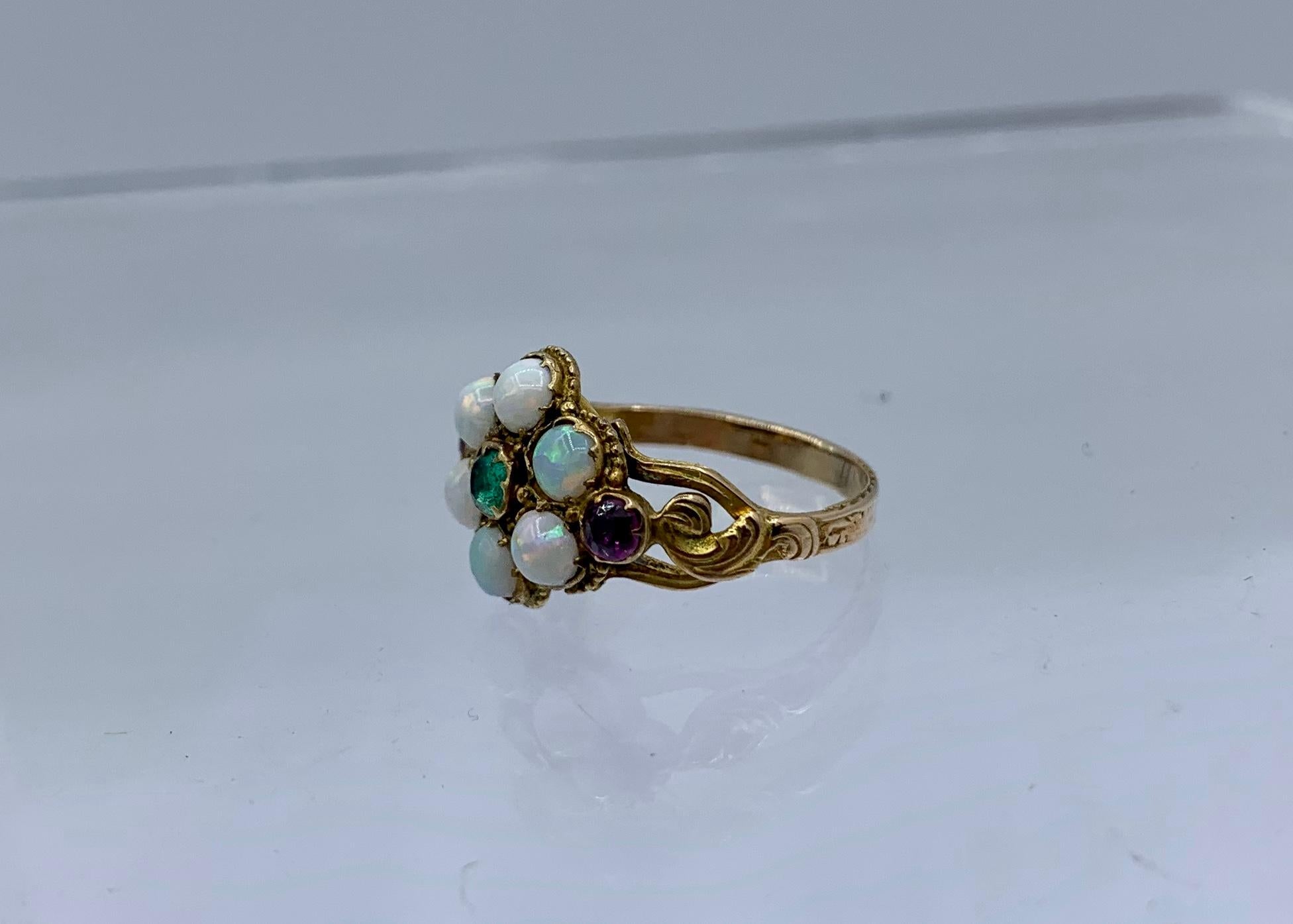 Victorian Opal Emerald Ruby Ring Antique Wedding Engagement Ring 14 Karat Gold For Sale 4