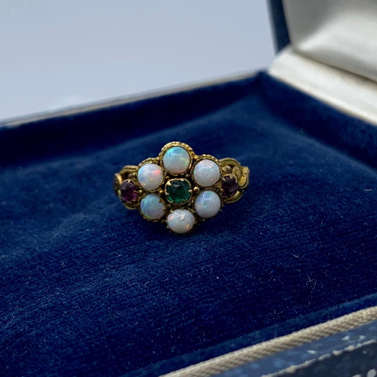 Victorian Opal Emerald Ruby Ring Antique Wedding Engagement Ring 14 Karat Gold For Sale 6