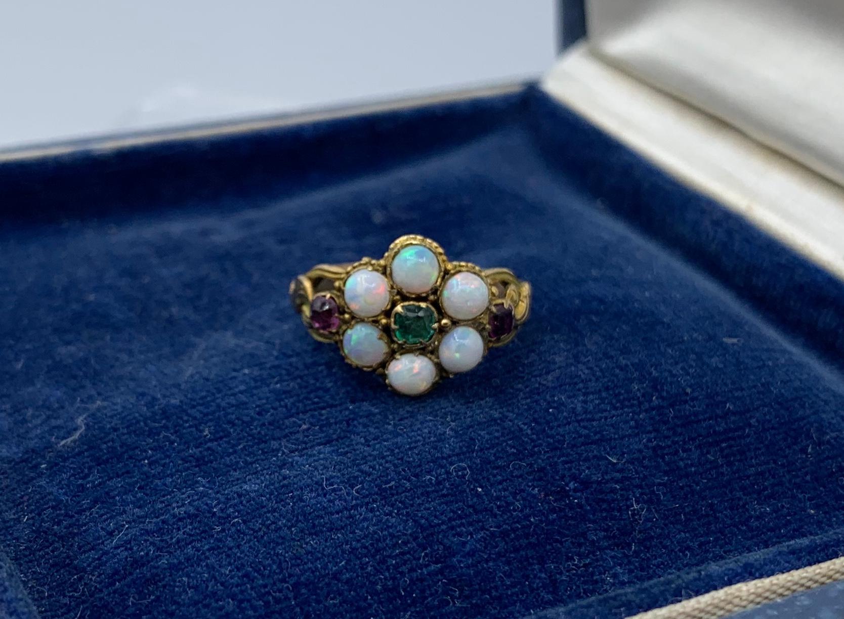Victorian Opal Emerald Ruby Ring Antique Wedding Engagement Ring 14 Karat Gold For Sale 7