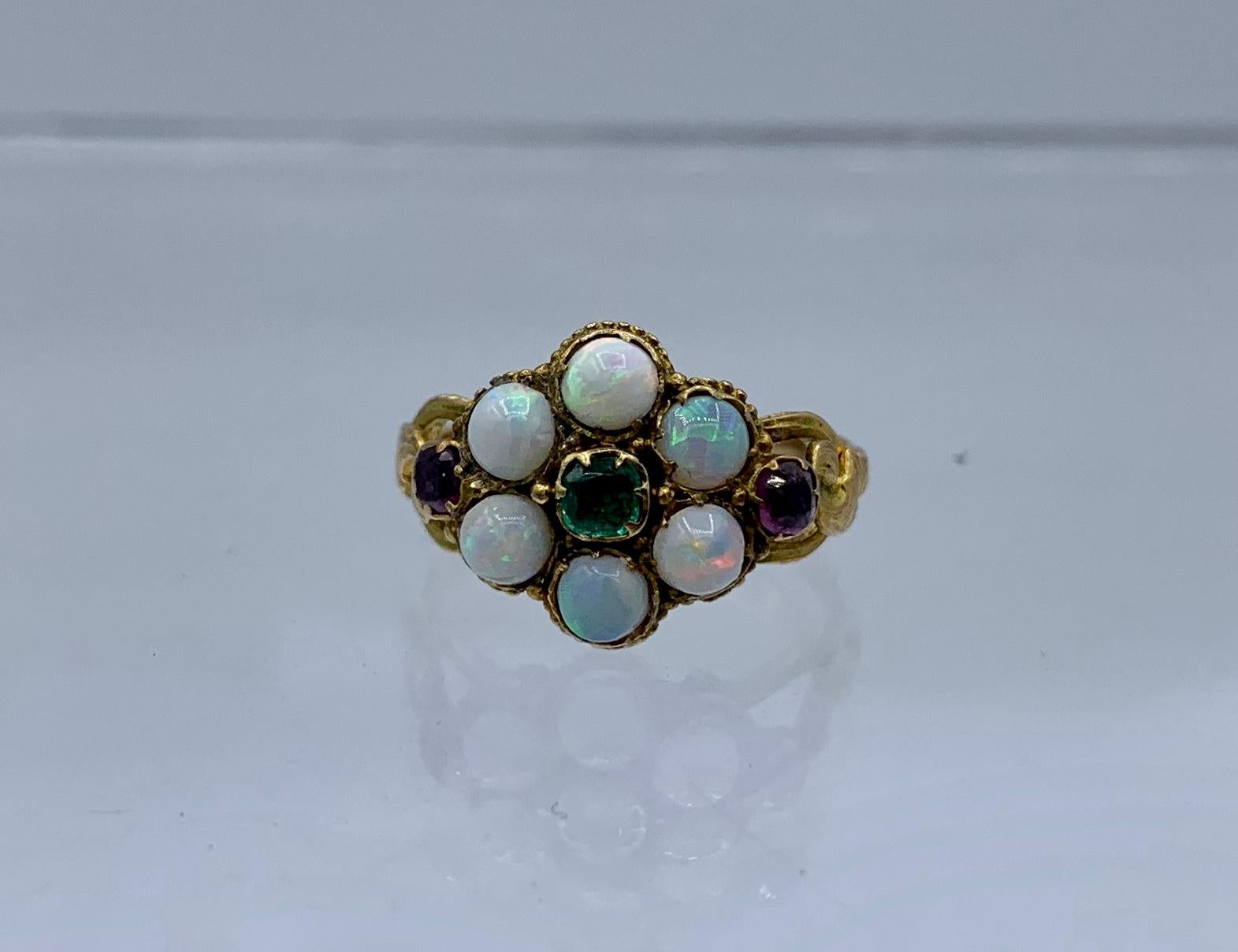Cabochon Victorian Opal Emerald Ruby Ring Antique Wedding Engagement Ring 14 Karat Gold For Sale