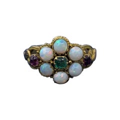 Antiker viktorianischer Opal-Smaragd-Rubin-Ring 14 Karat Gold Verlobungsring