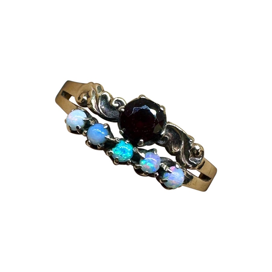 Victorian Opal Granat Ring 14K Gold Antike Hochzeit Verlobung Stacking Ring im Angebot