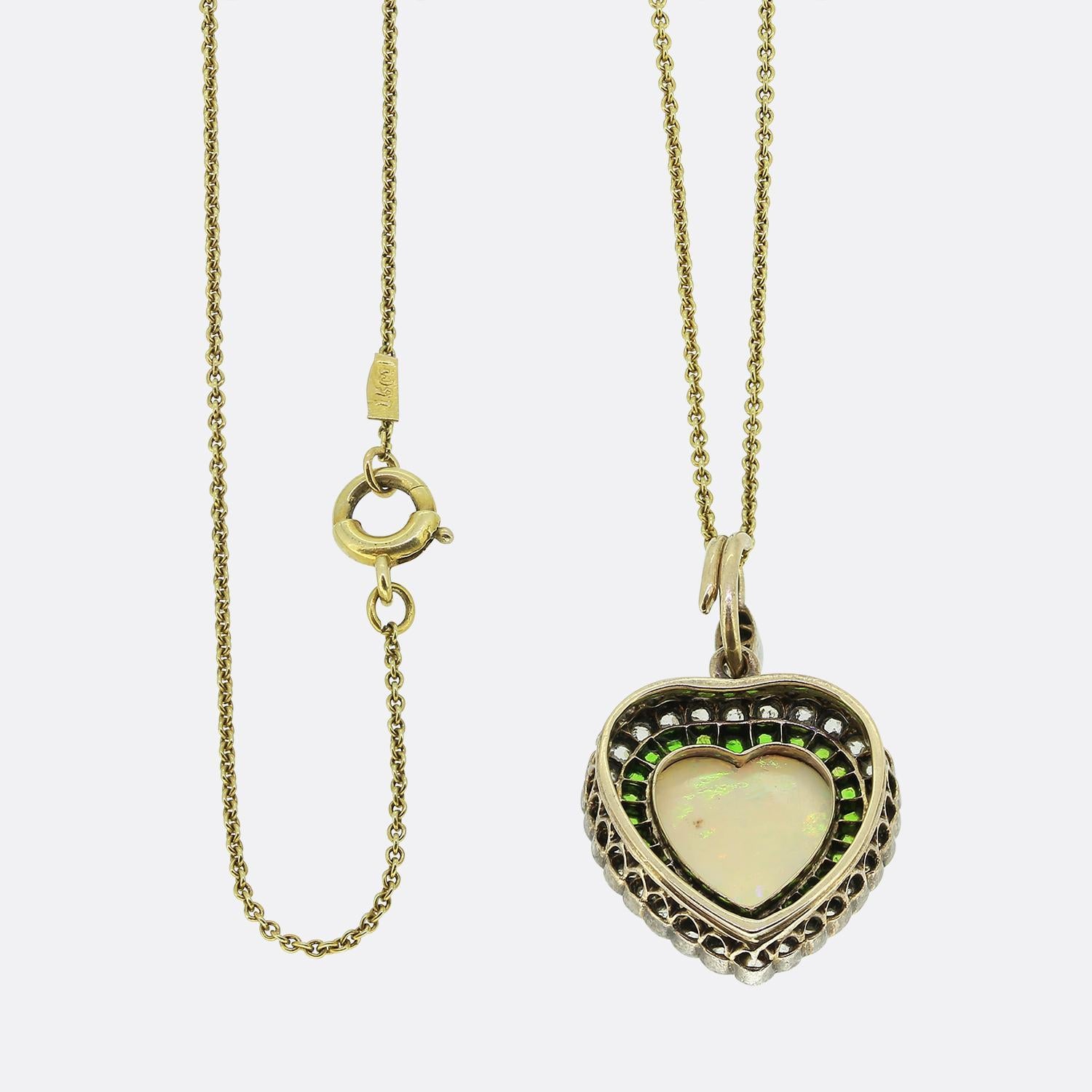Victorian Opal Heart Demantoid Garnet and Diamond Pendant Necklace In Good Condition In London, GB