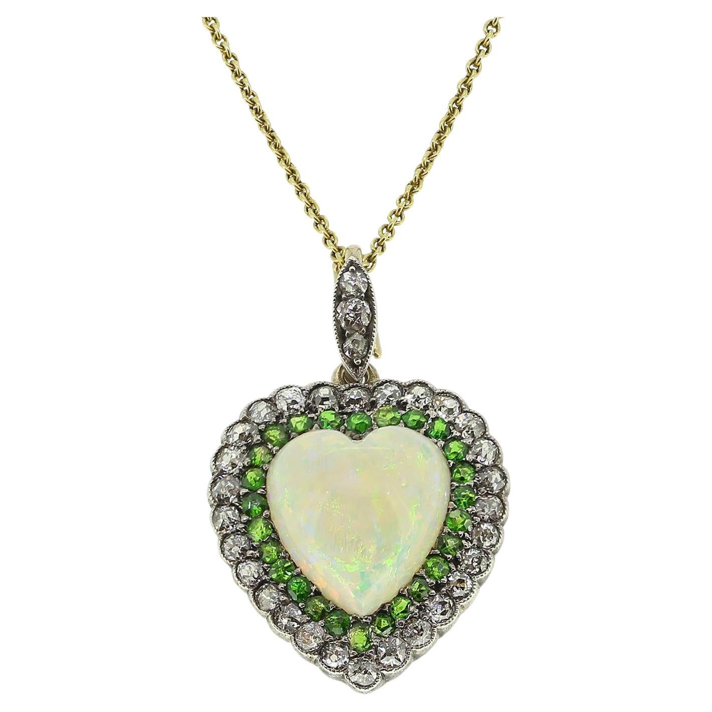 Victorian Opal Heart Demantoid Garnet and Diamond Pendant Necklace
