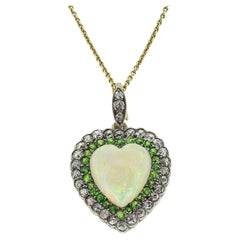 Antique Victorian Opal Heart Demantoid Garnet and Diamond Pendant Necklace