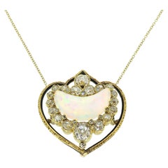 Antique Victorian Opal Moon Crescent Diamond and Enamel Pendant Necklace