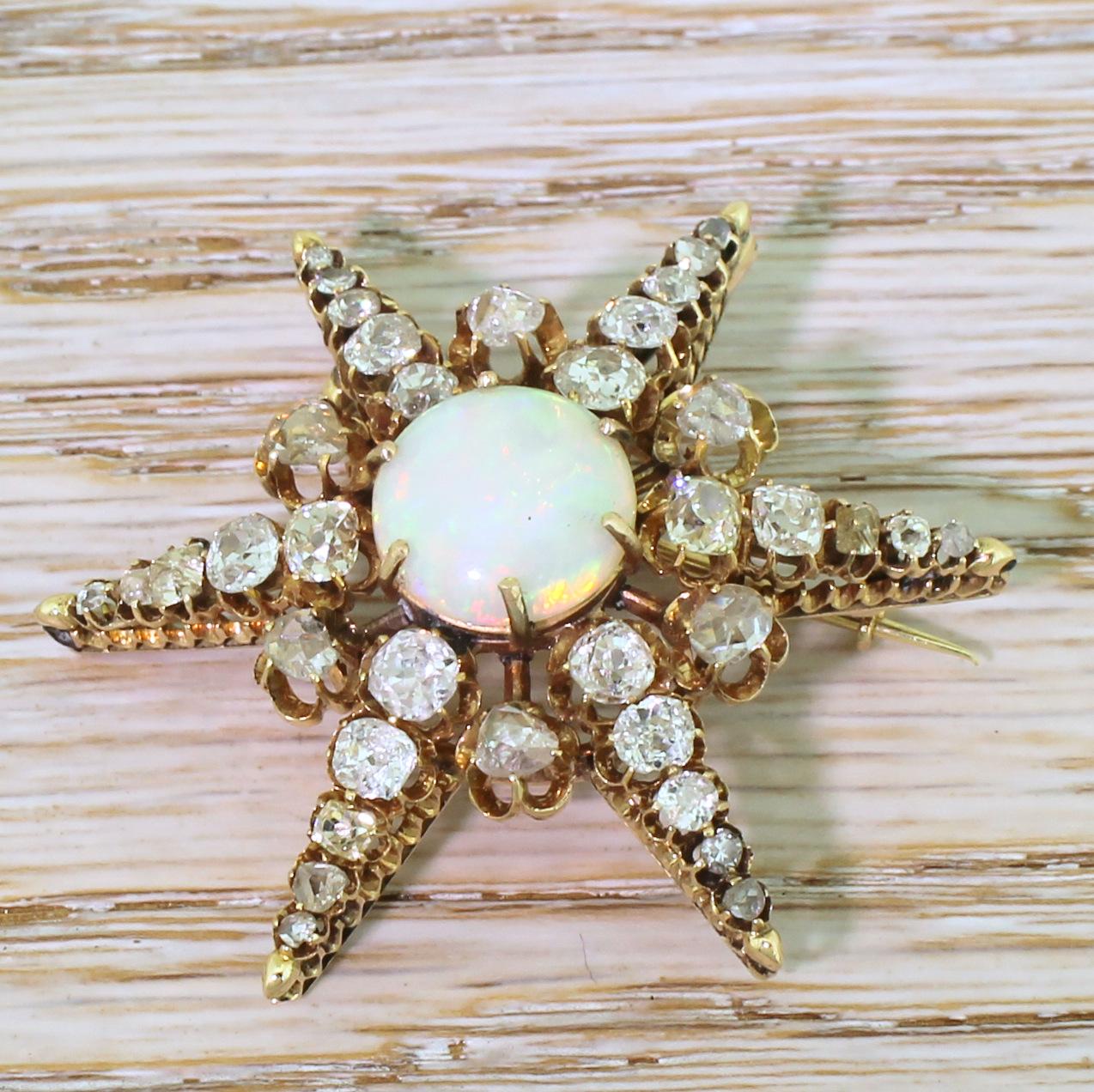 Incredible workmanship and detail on this exceptional Victorian star brooch. The six rayed star features a round cabochon opal at the centre displaying a lively play of colour, with thirty-six diamonds (eighteen old mine cuts and eighteen rose cuts)