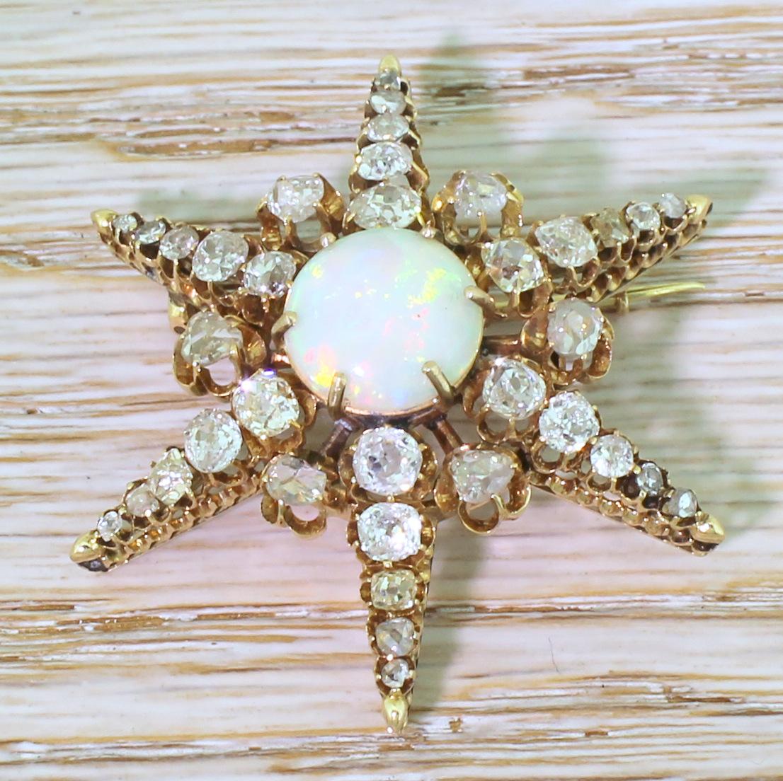 Victorian Opal, Old Cut Diamond and Rose Cut Diamond Star Brooch In Good Condition For Sale In Essex, GB