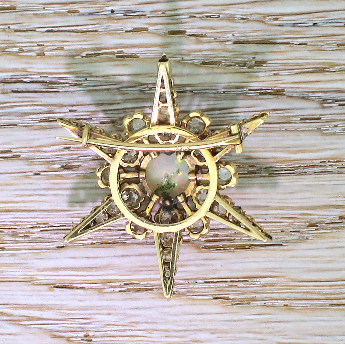 Women's or Men's Victorian Opal, Old Cut Diamond and Rose Cut Diamond Star Brooch For Sale