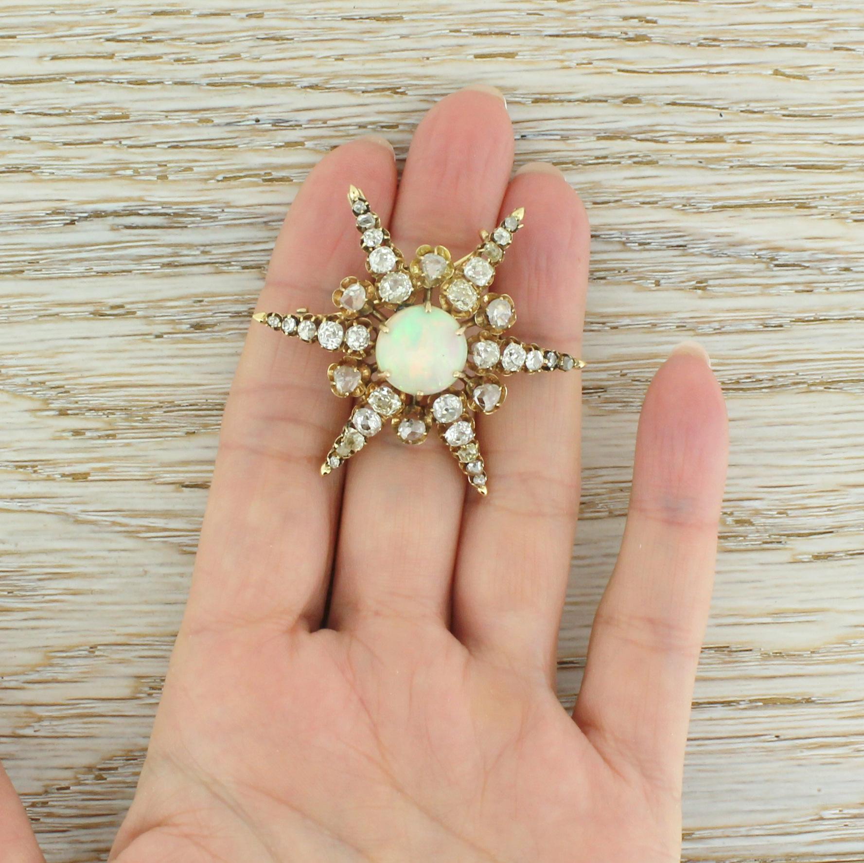 Victorian Opal, Old Cut Diamond and Rose Cut Diamond Star Brooch For Sale 1