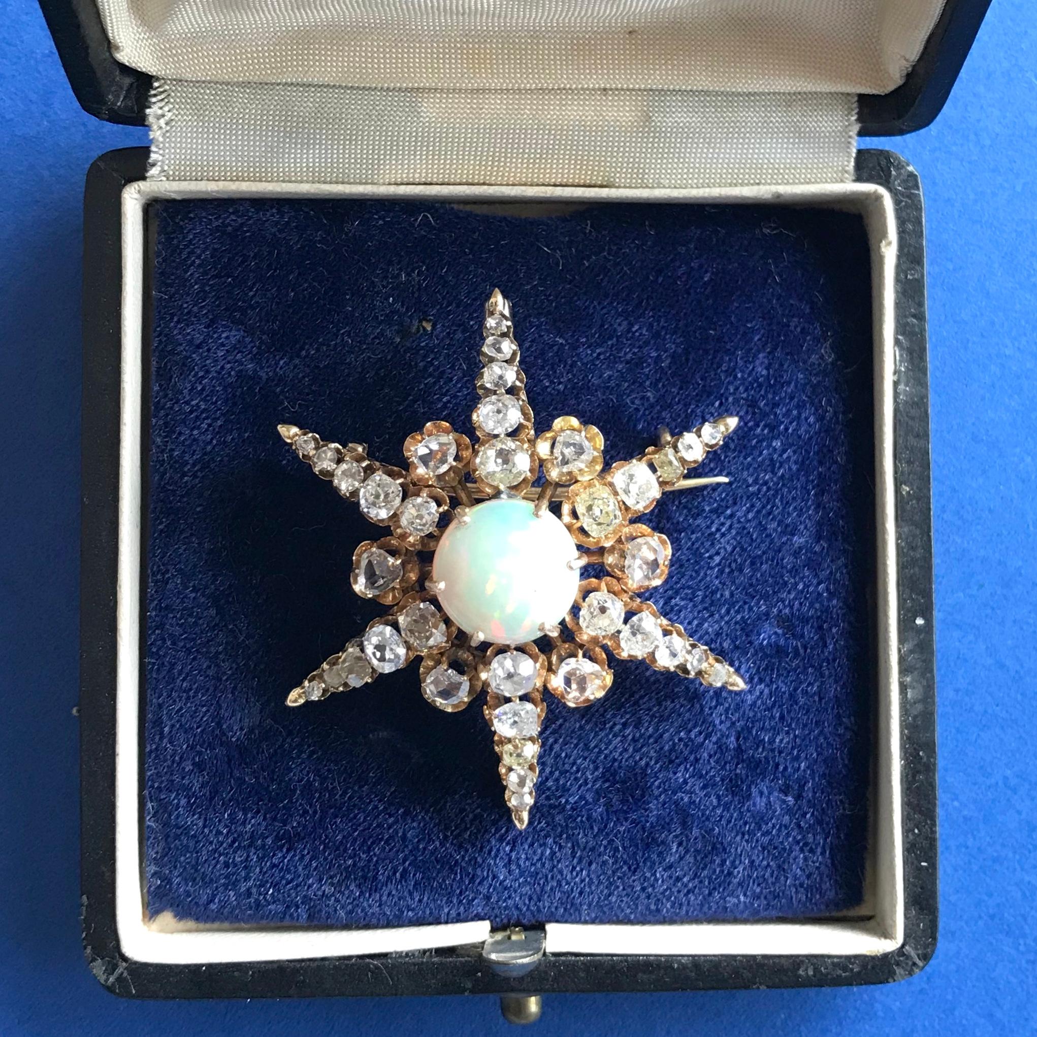 Victorian Opal, Old Cut Diamond and Rose Cut Diamond Star Brooch For Sale 2