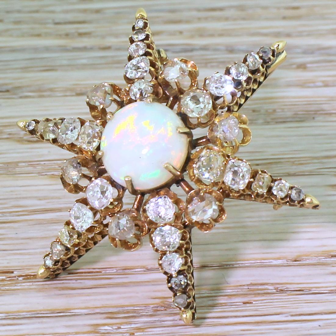 Victorian Opal, Old Cut Diamond and Rose Cut Diamond Star Brooch For Sale 3