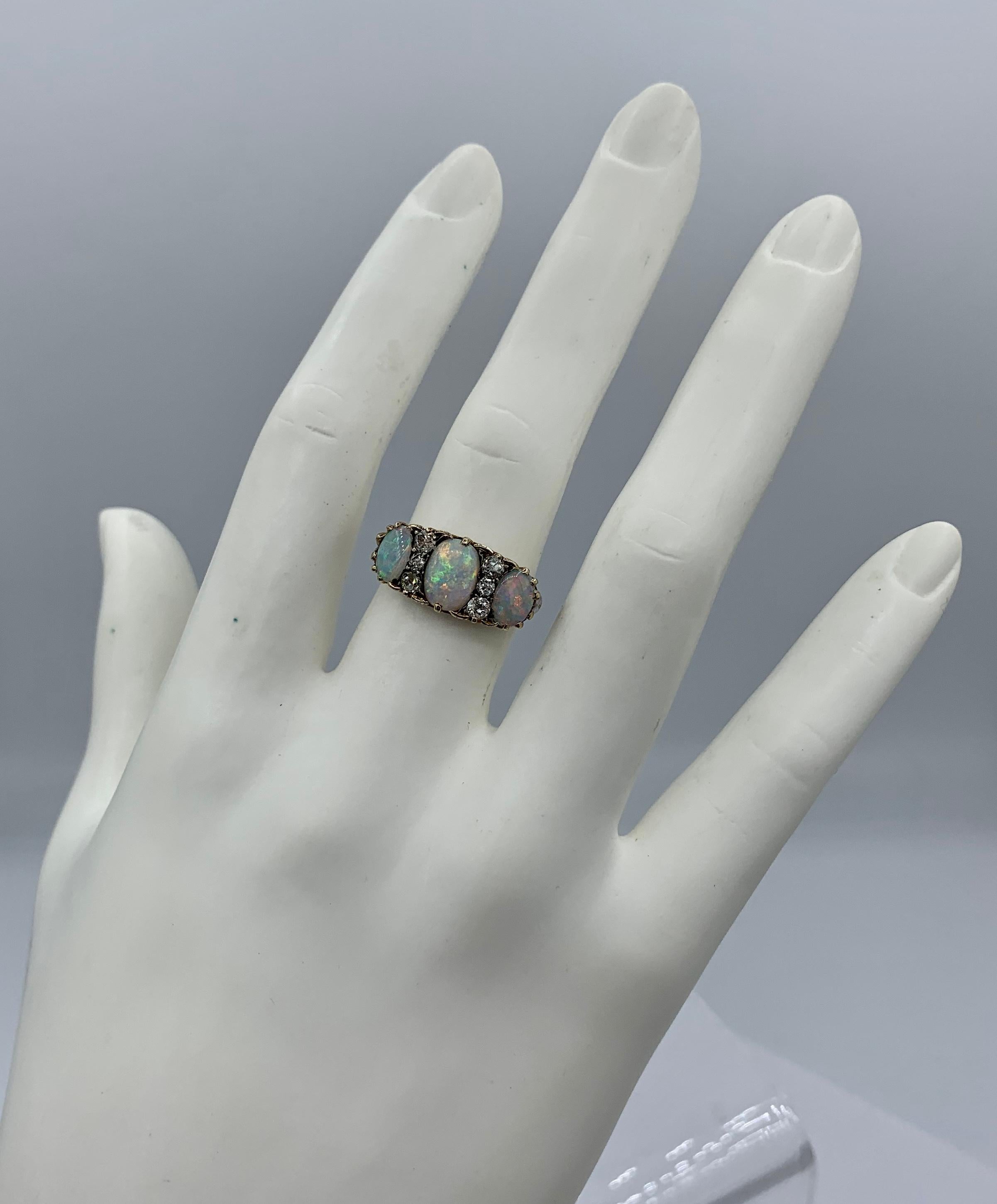 Victorian Opal Old Mine Cut Diamond Ring Gold Antique Wedding Engagement Ring 6