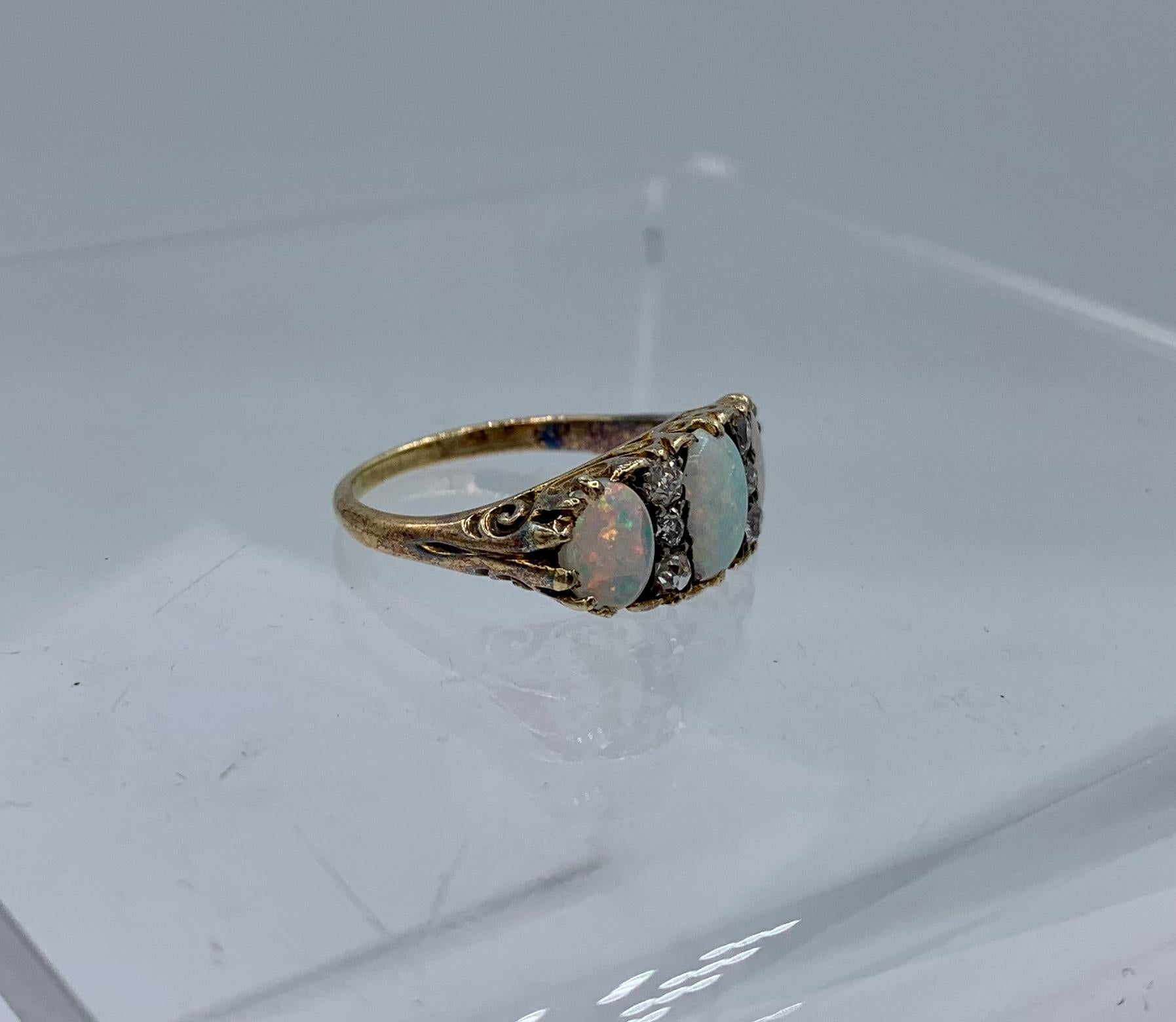 Victorian Opal Old Mine Cut Diamond Ring Gold Antique Wedding Engagement Ring 7
