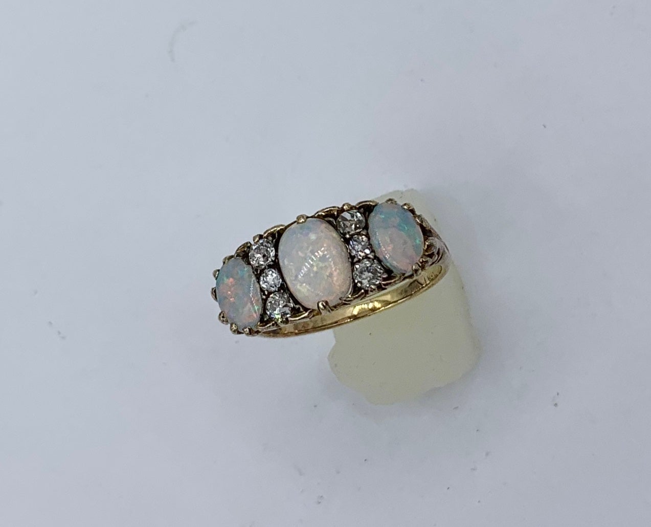 Victorian Opal Old Mine Cut Diamond Ring Gold Antique Wedding Engagement Ring In Good Condition In New York, NY