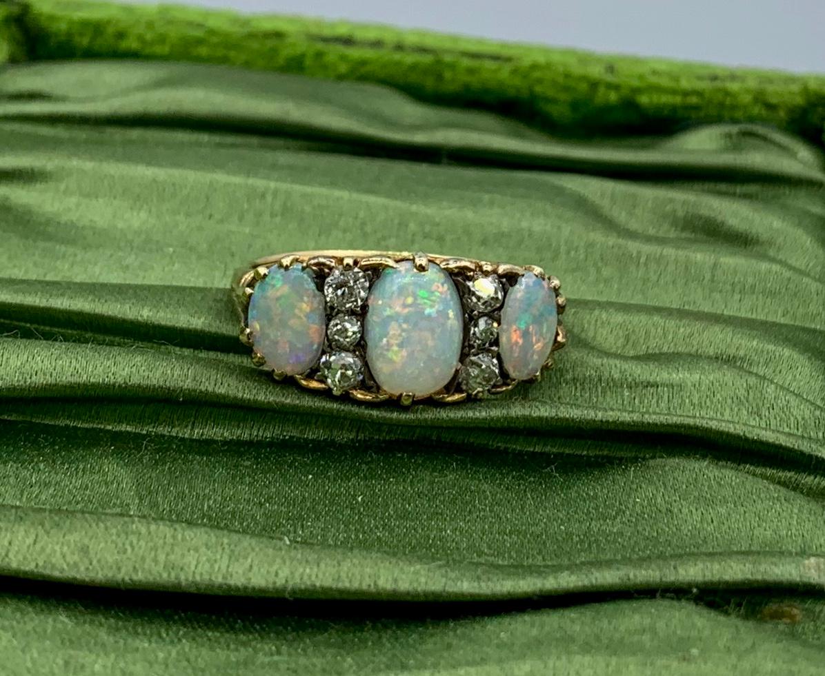 Victorian Opal Old Mine Cut Diamond Ring Gold Antique Wedding Engagement Ring 1