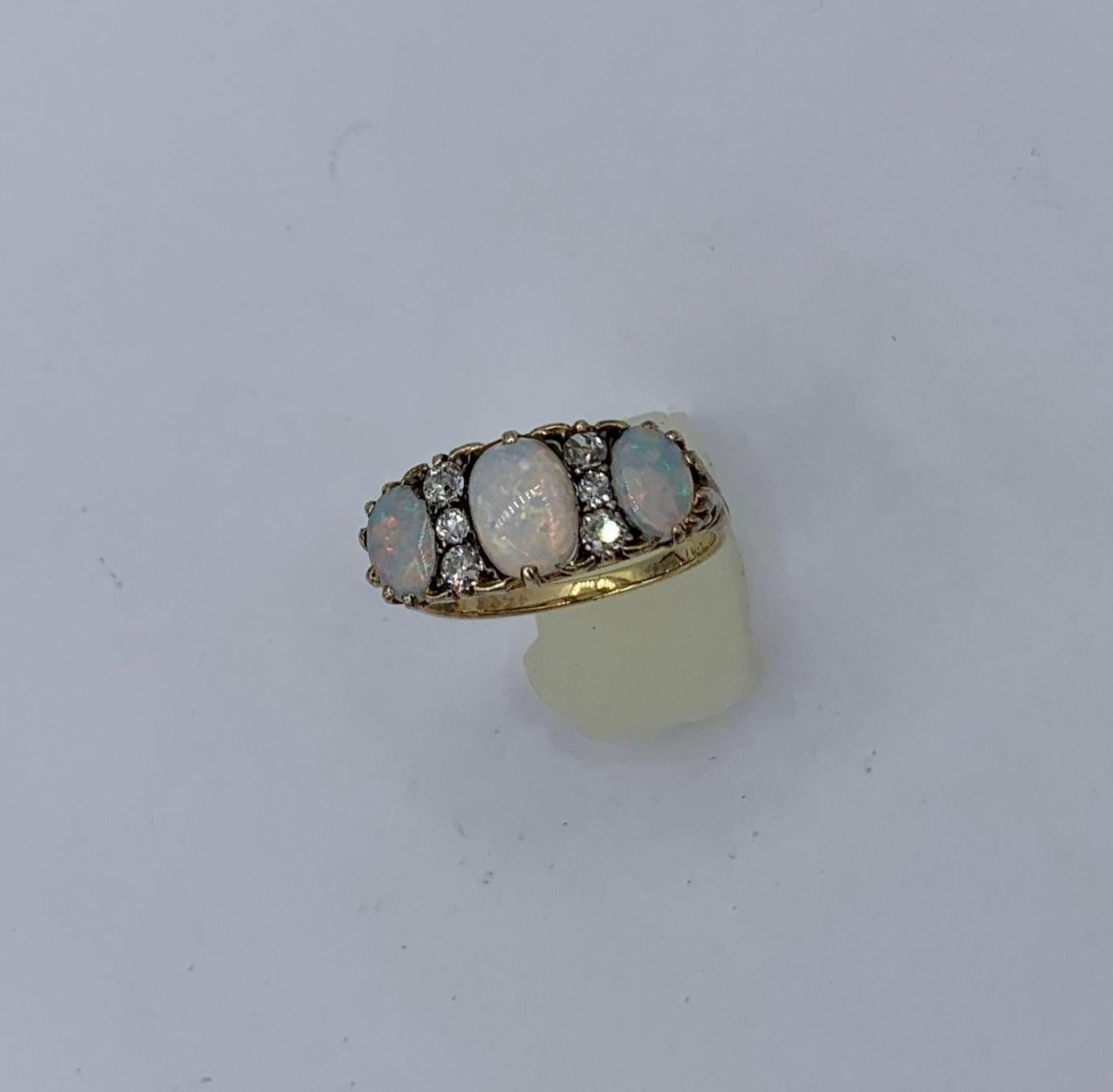 Victorian Opal Old Mine Cut Diamond Ring Gold Antique Wedding Engagement Ring 2