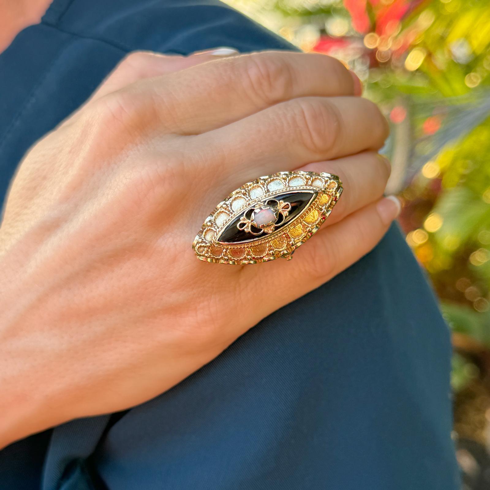 Cabochon Victorian Opal & Onyx 14 Karat Yellow Gold Navette Antique Ring For Sale
