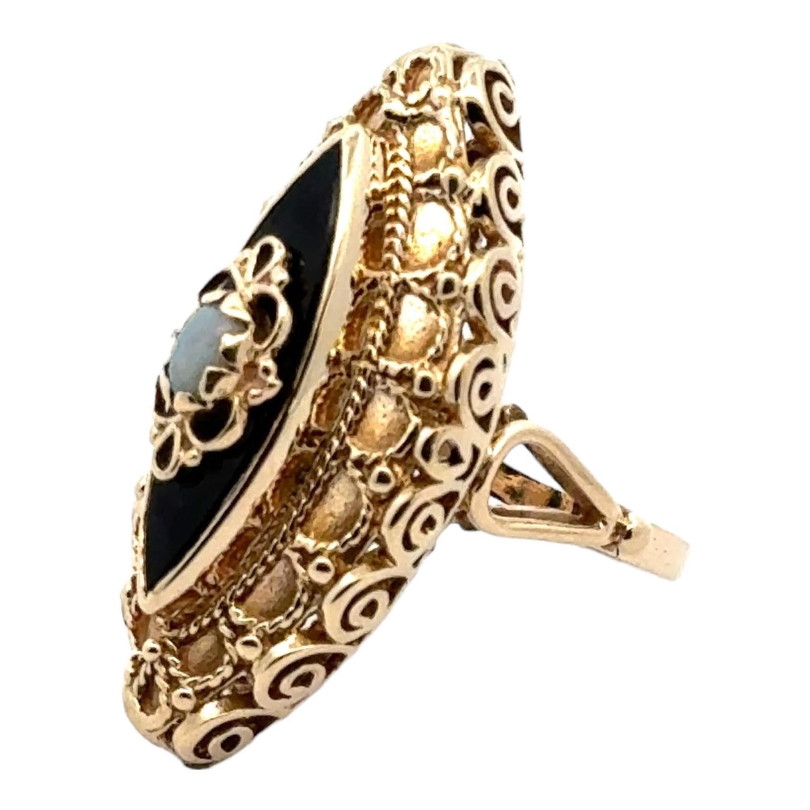 Victorian Opal & Onyx 14 Karat Yellow Gold Navette Antique Ring In Excellent Condition For Sale In Boca Raton, FL