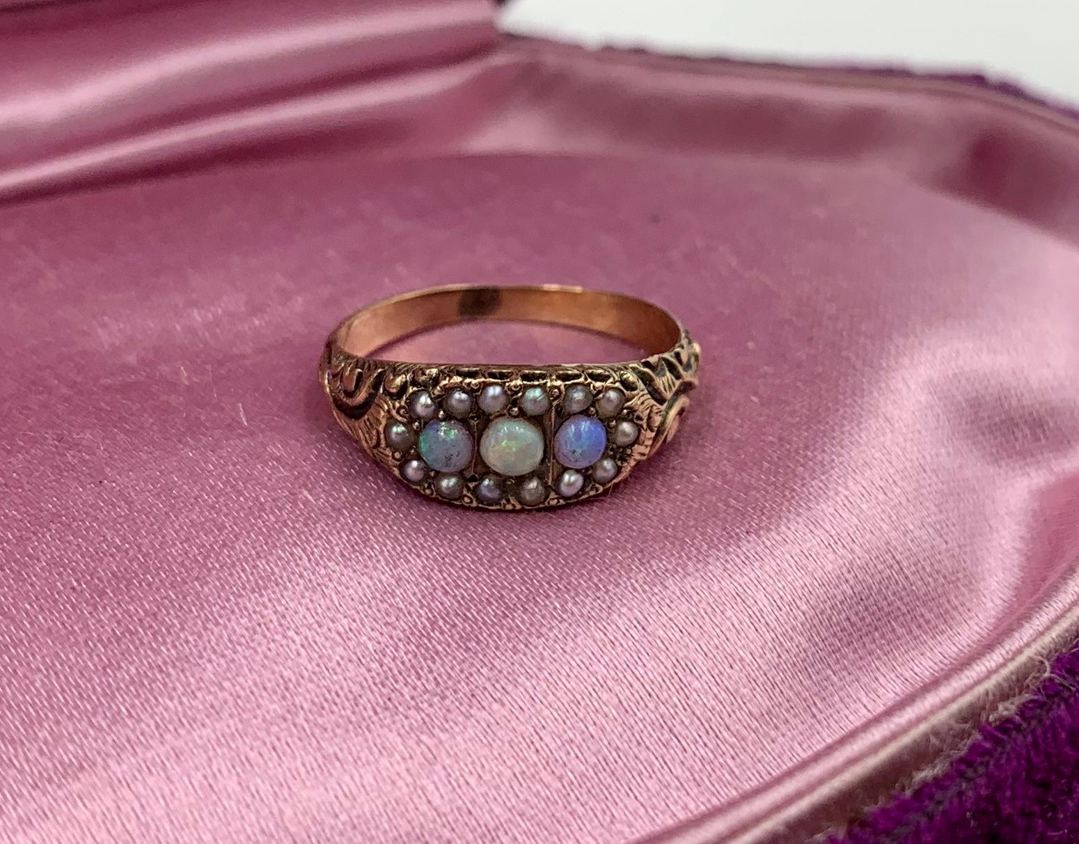 Victorian Opal Pearl Ring Gold Antique Wedding Engagement Stacking Ring In Good Condition In New York, NY