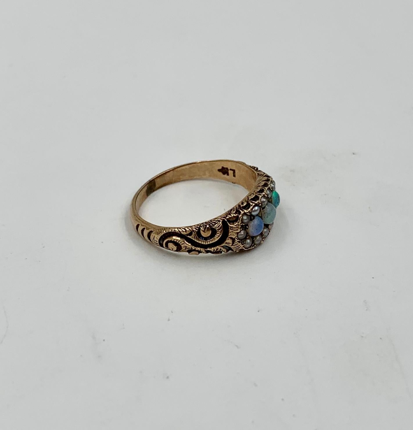 Victorian Opal Pearl Ring Gold Antique Wedding Engagement Stacking Ring 2