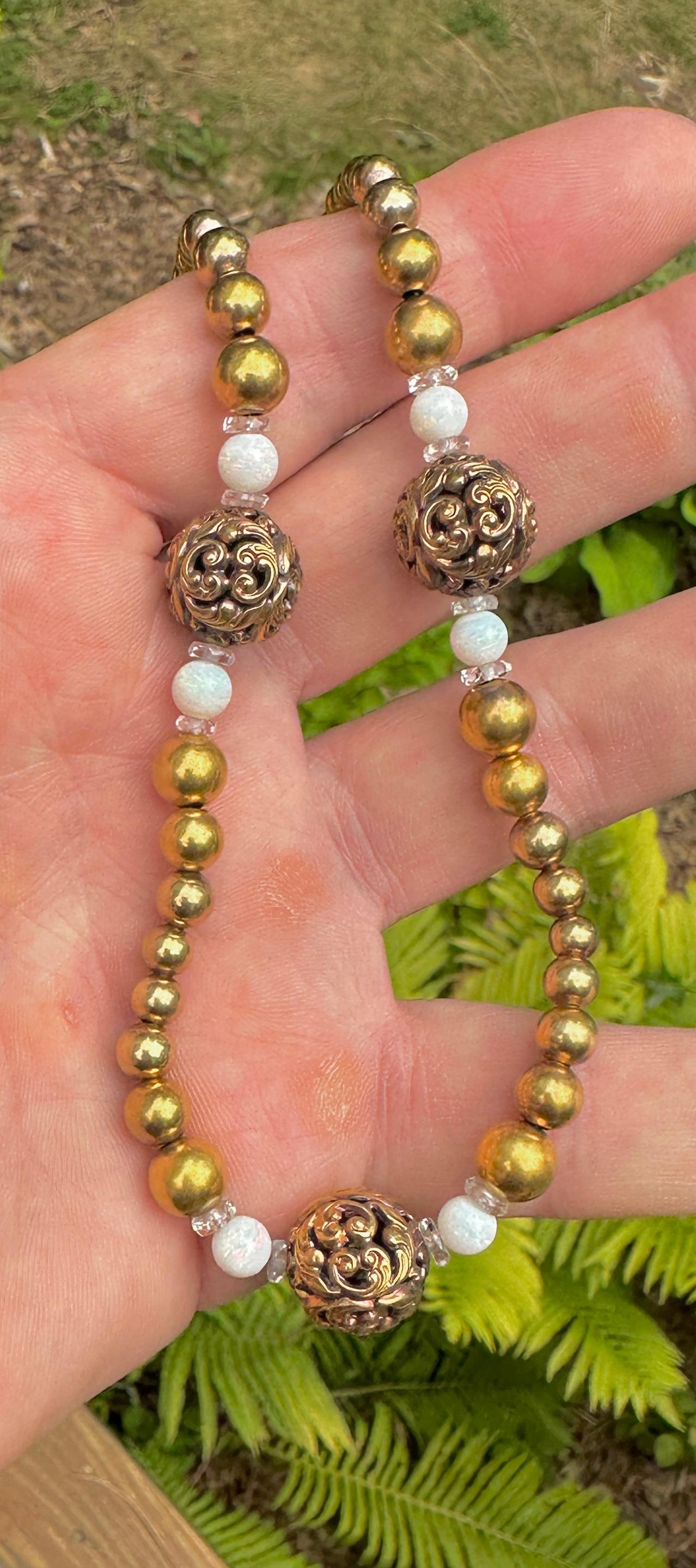 Victorian Opal Rock Crystal Necklace 14 Karat Gold 17 Inch Antique Flower Motif For Sale 2