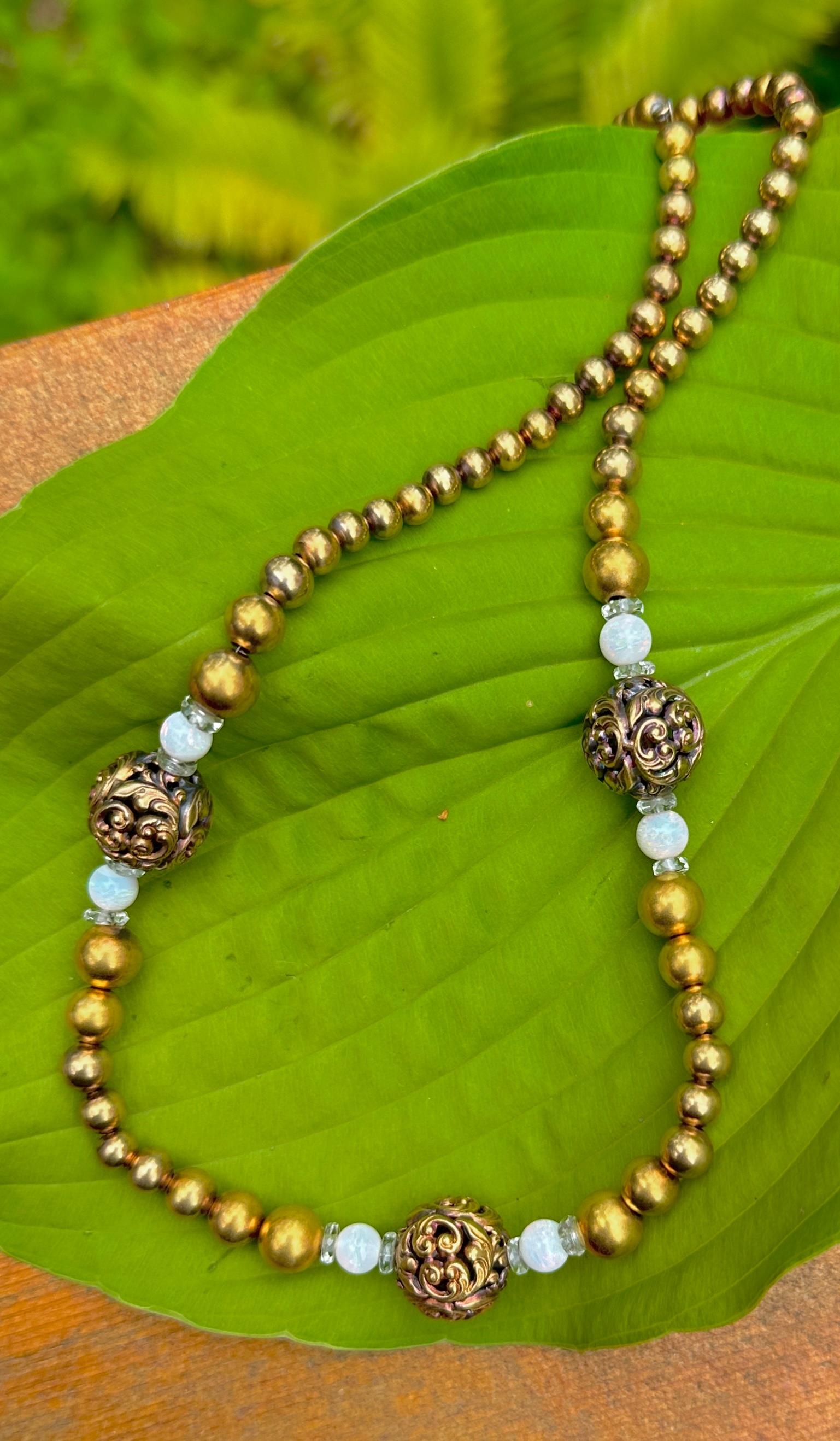 Bead Victorian Opal Rock Crystal Necklace 14 Karat Gold 17 Inch Antique Flower Motif For Sale