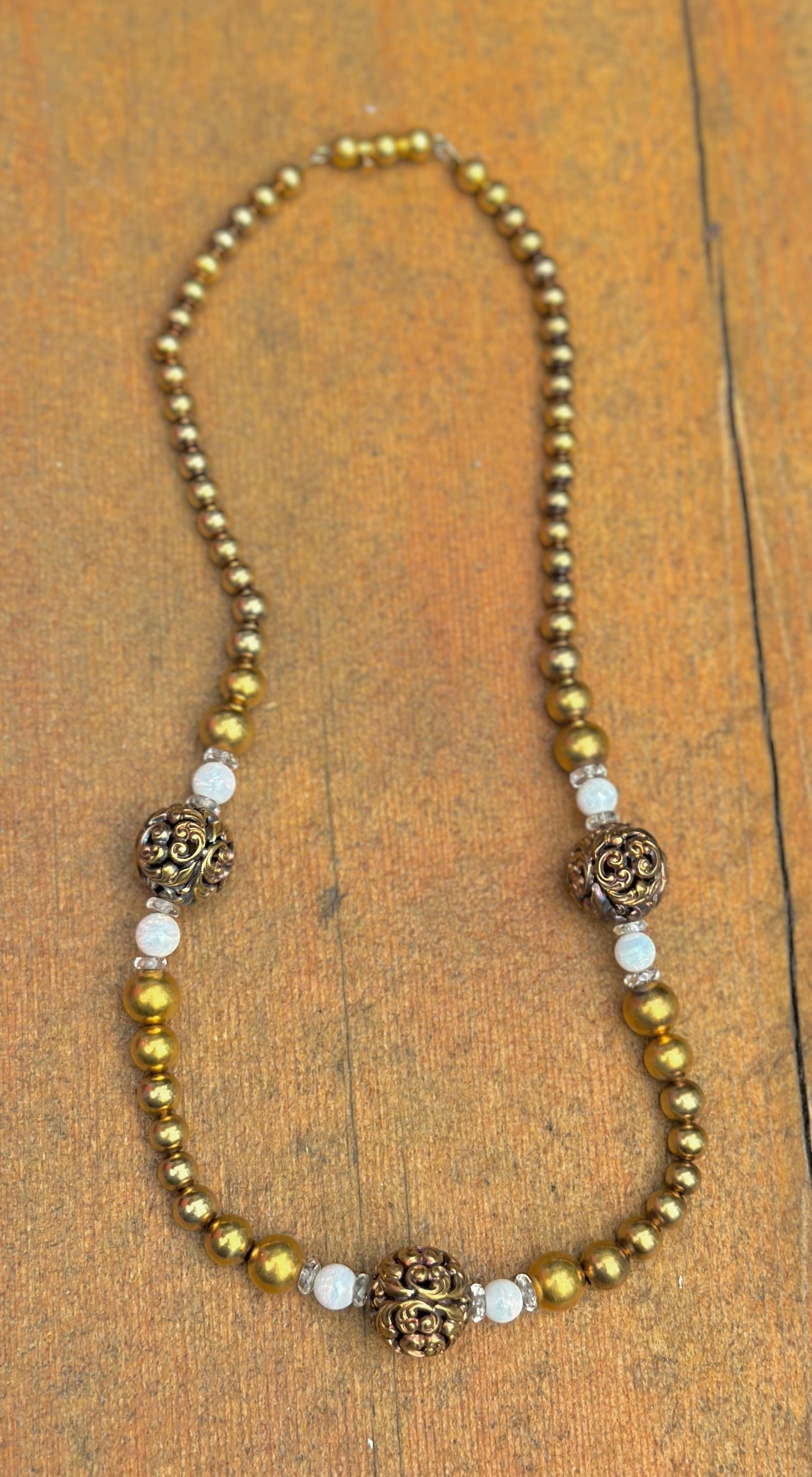 Victorian Opal Rock Crystal Necklace 14 Karat Gold 17 Inch Antique Flower Motif In Excellent Condition For Sale In New York, NY