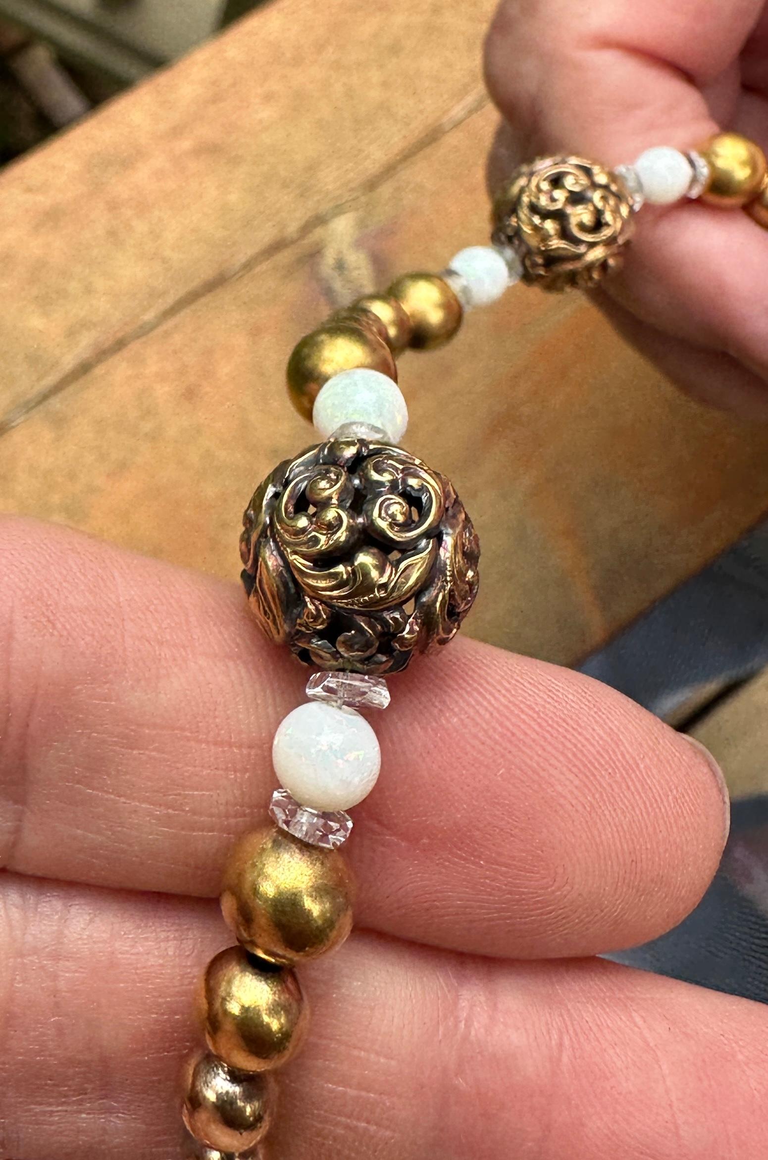 Women's Victorian Opal Rock Crystal Necklace 14 Karat Gold 17 Inch Antique Flower Motif For Sale