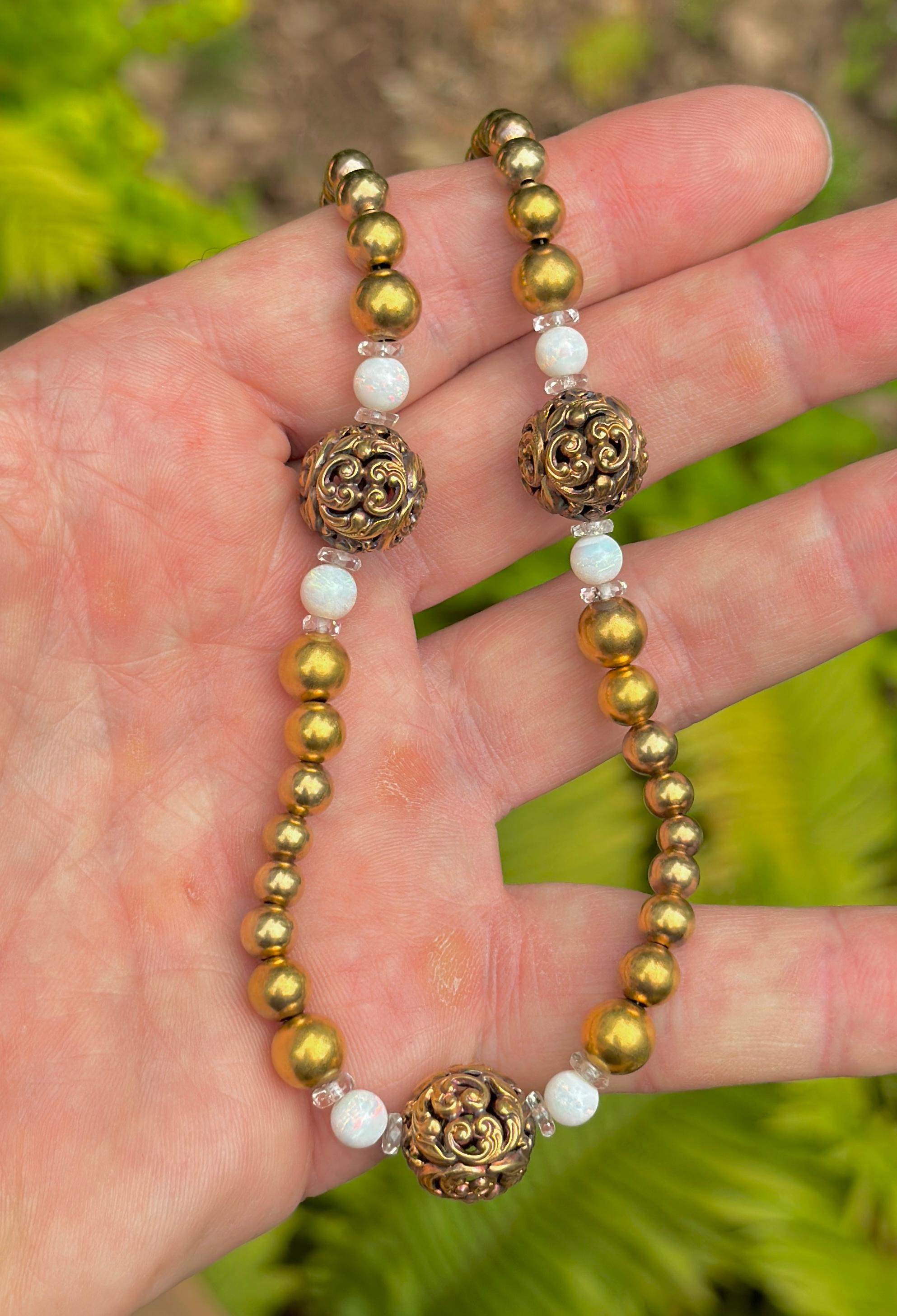 Victorian Opal Rock Crystal Necklace 14 Karat Gold 17 Inch Antique Flower Motif For Sale 1