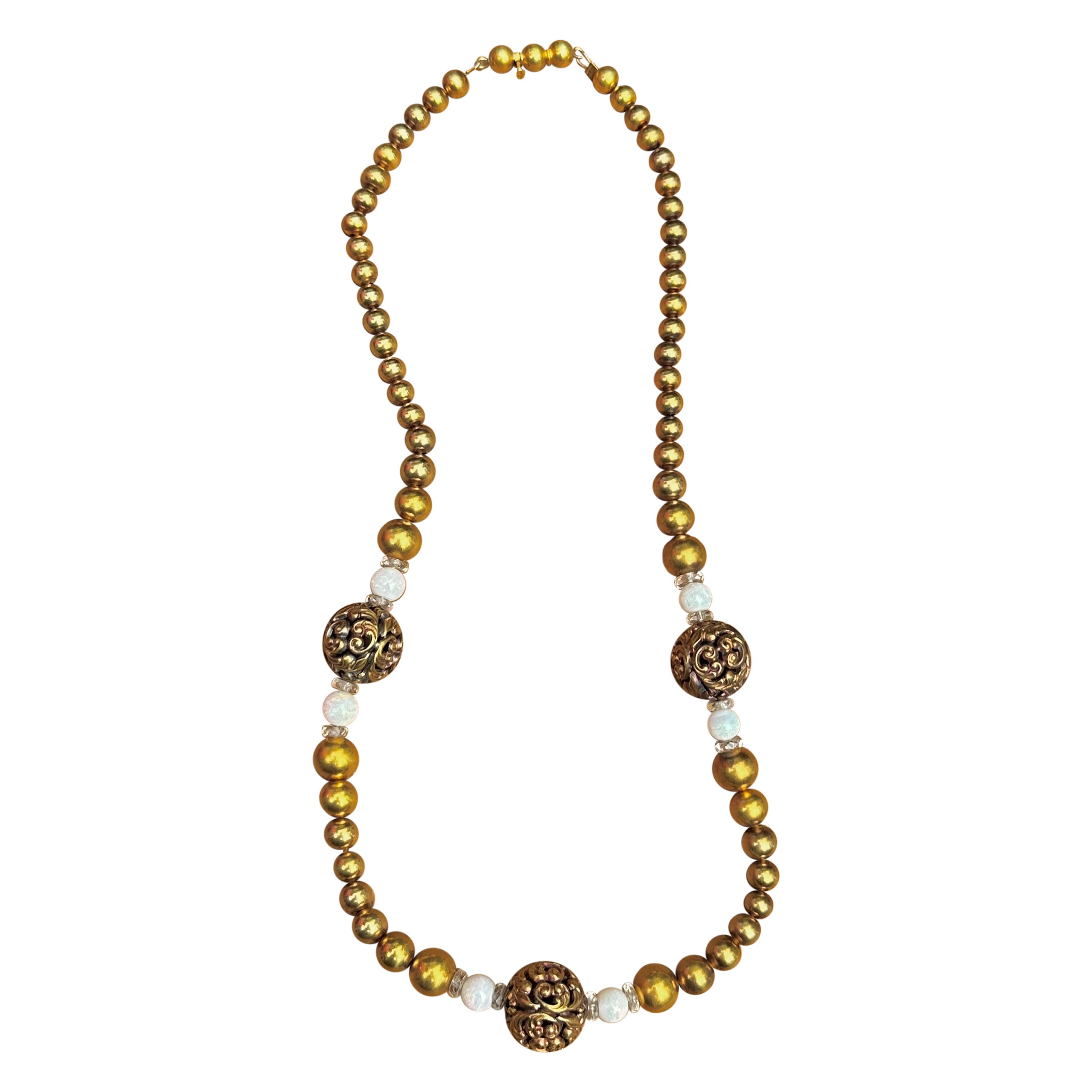 Victorian Opal Rock Crystal Necklace 14 Karat Gold 17 Inch Antique Flower Motif