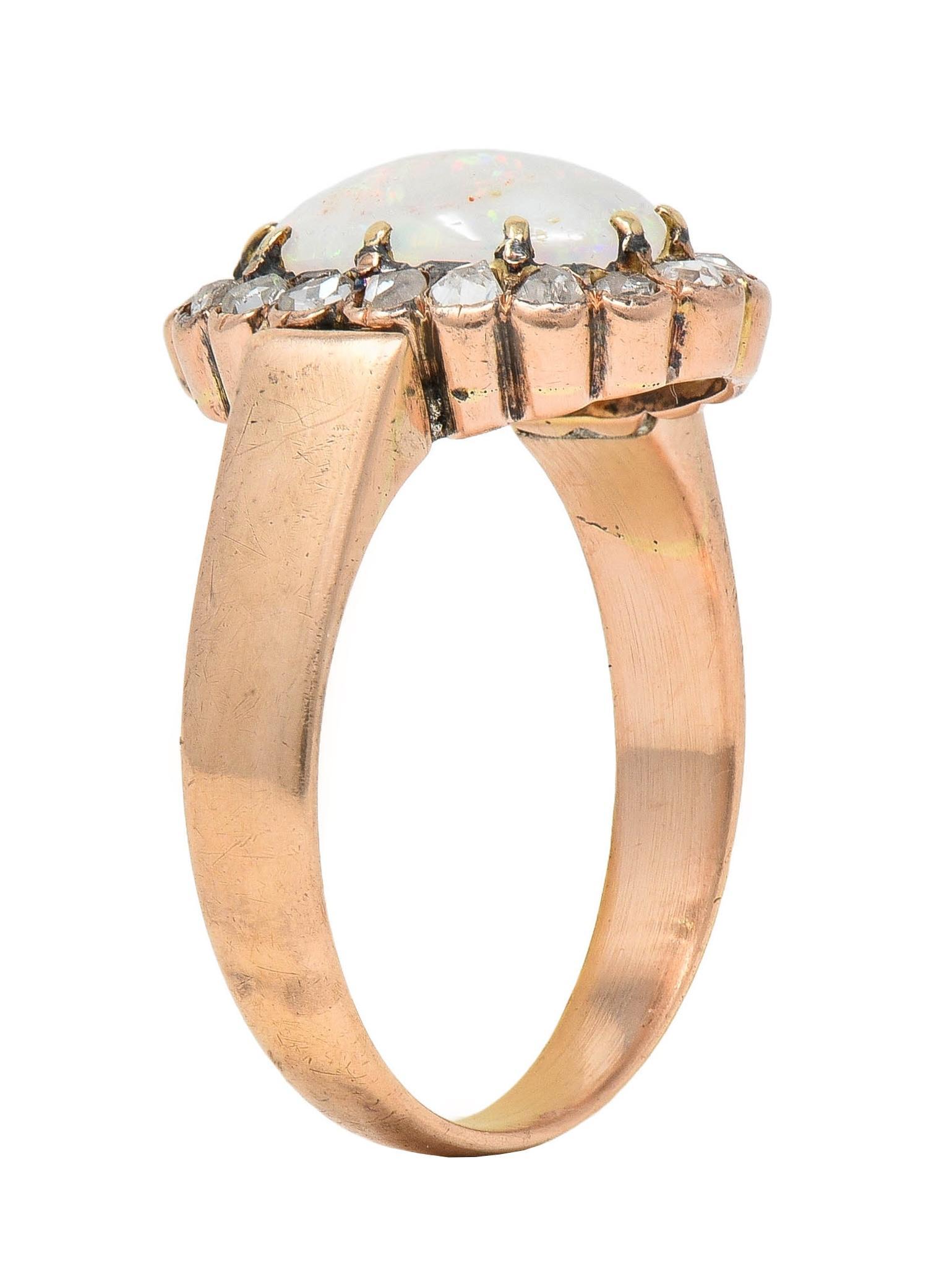 Victorian Opal Rose Cut Diamond 14 Karat Rose Gold Antique Halo Ring 5