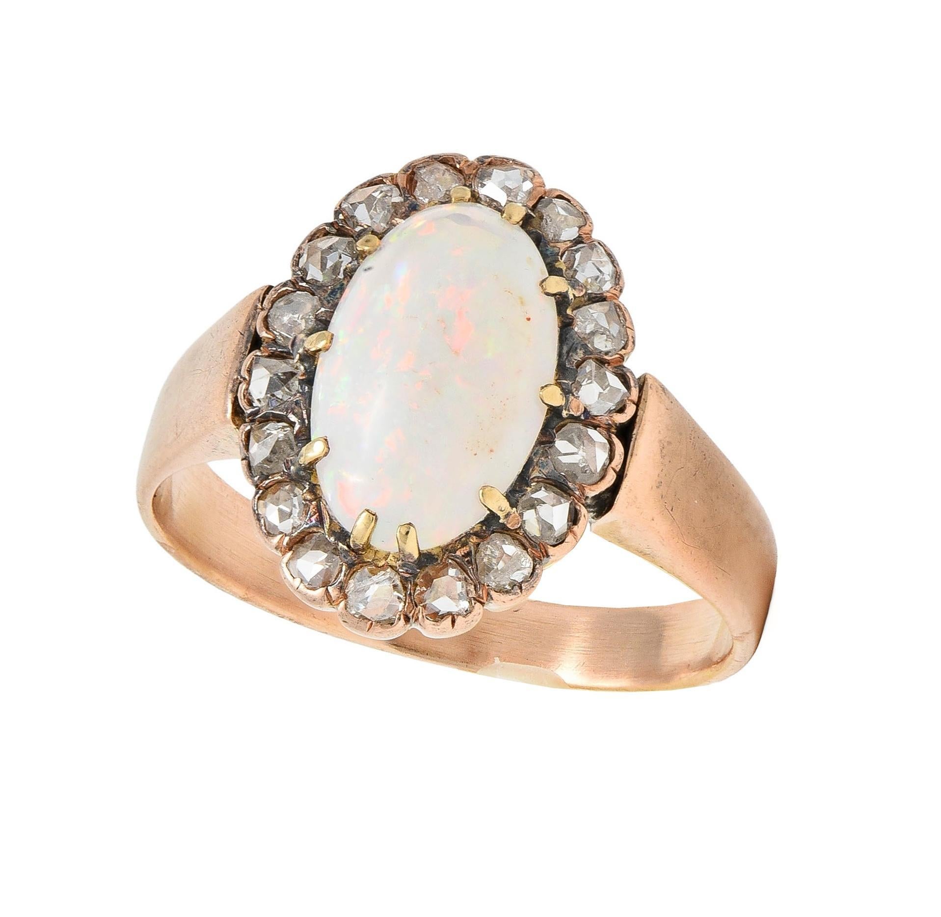 Victorian Opal Rose Cut Diamond 14 Karat Rose Gold Antique Halo Ring 6