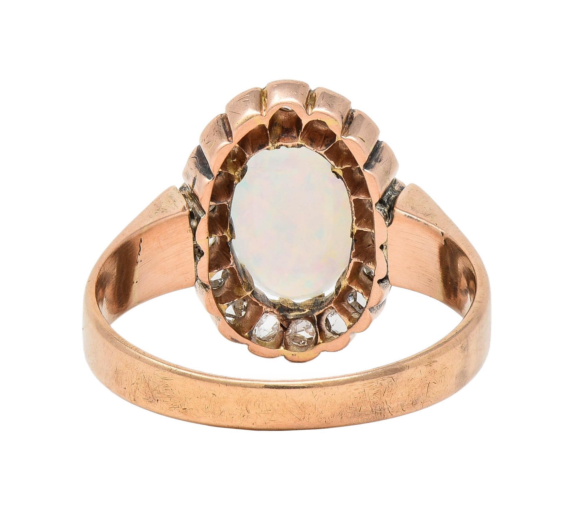 Women's Victorian Opal Rose Cut Diamond 14 Karat Rose Gold Antique Halo Ring