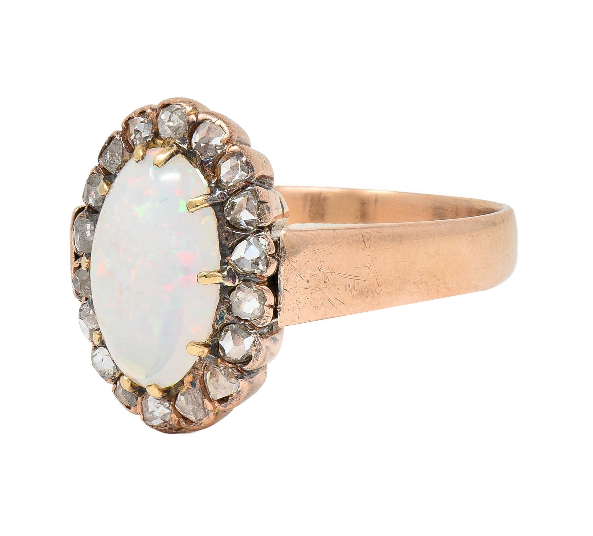 Victorian Opal Rose Cut Diamond 14 Karat Rose Gold Antique Halo Ring 2