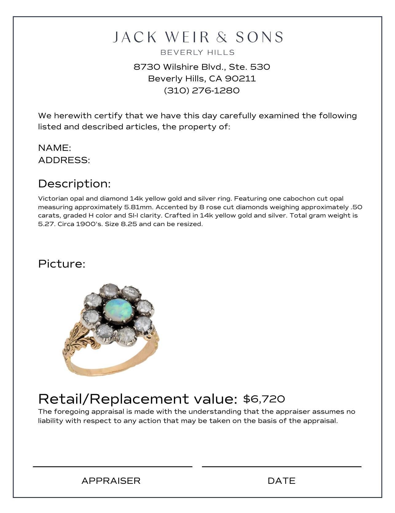 Bague à grappes victorienne en or jaune 14 carats avec opale taillée en rose et diamants Pour femmes en vente