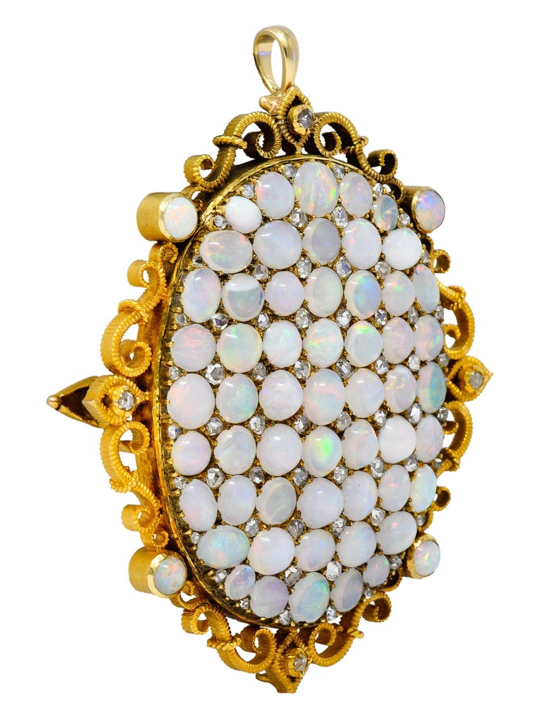 Victorian Opal Rose Cut Diamond 18 Karat Yellow Gold Locket Pendant Brooch In Excellent Condition For Sale In Philadelphia, PA