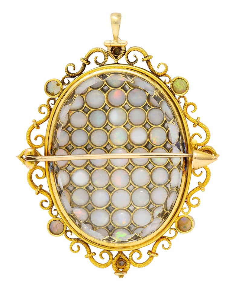 Women's or Men's Victorian Opal Rose Cut Diamond 18 Karat Yellow Gold Locket Pendant Brooch For Sale