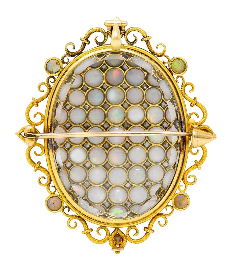 Victorian Opal Rose Cut Diamond 18 Karat Yellow Gold Locket Pendant Brooch For Sale 1