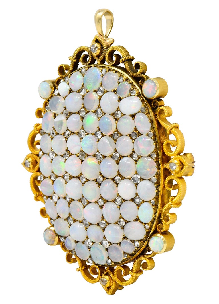 Victorian Opal Rose Cut Diamond 18 Karat Yellow Gold Locket Pendant Brooch For Sale 2