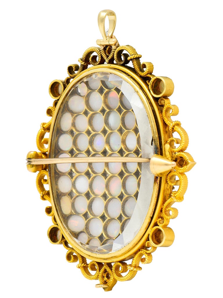 Victorian Opal Rose Cut Diamond 18 Karat Yellow Gold Locket Pendant Brooch For Sale 3