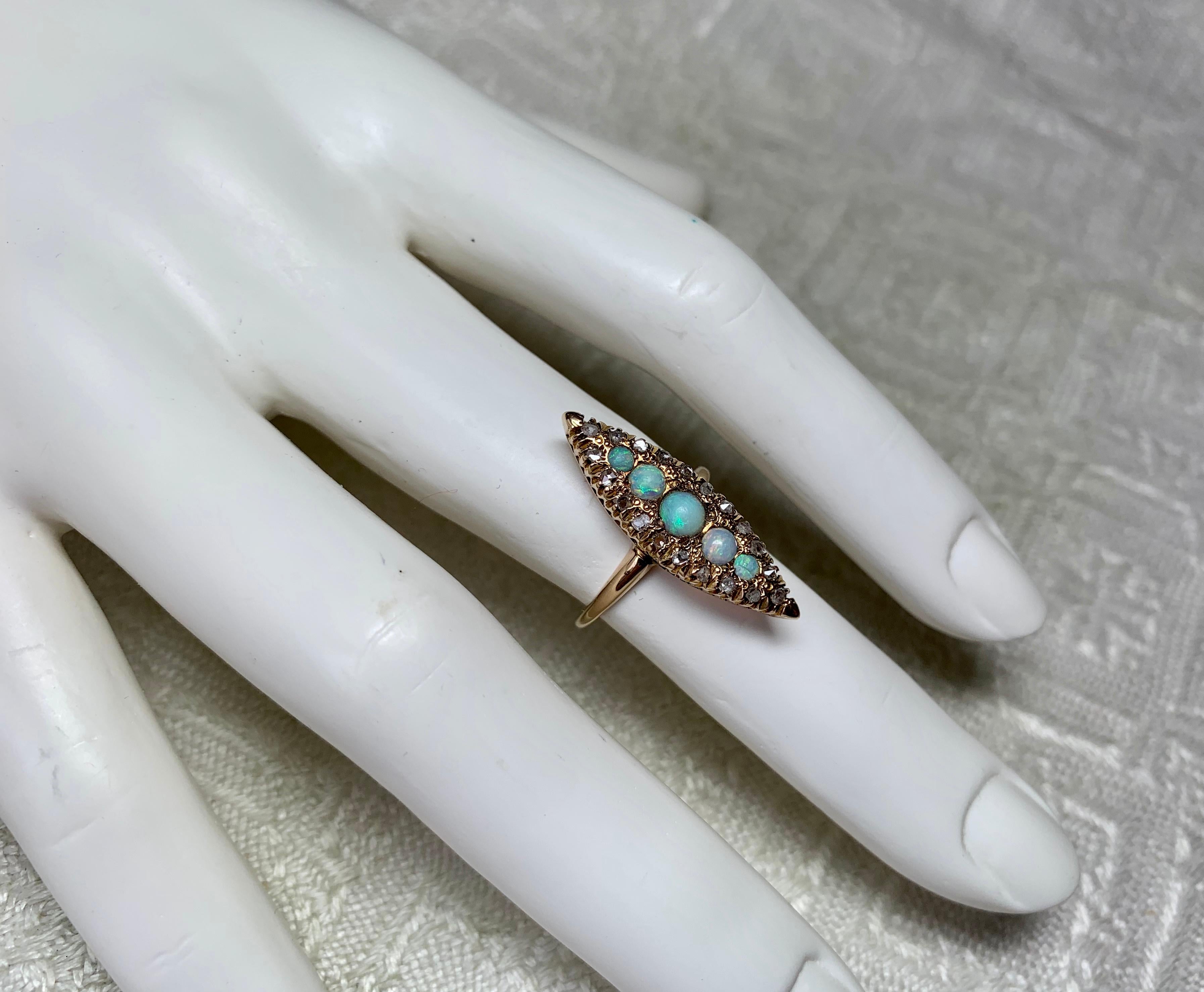 Victorian Opal Rose Cut Diamond Ring Marquise Gold Antique Wedding Engagement 6